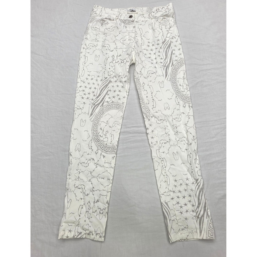 Gigi Moda Italy White Grey Graphic Print Straight Leg Pants Stars Greek Key L